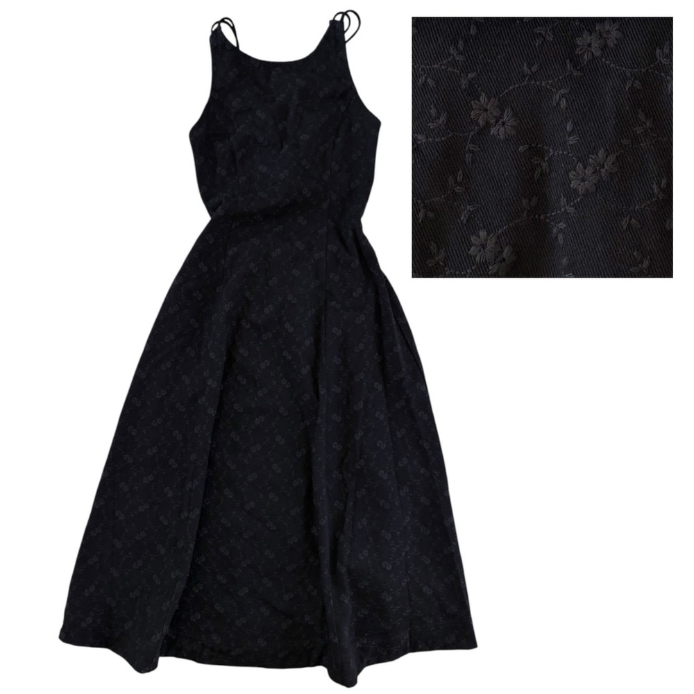 Jacquie The Label Dress Black Denim Floral Embroidered Lace Up Back Midi S Goth